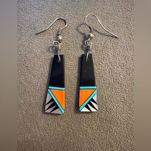 Native  American Style Inlay Slab Earrings Turquoise MOP Dangle